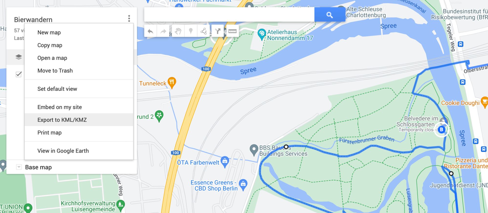 Google Maps KML/KMZ export menu