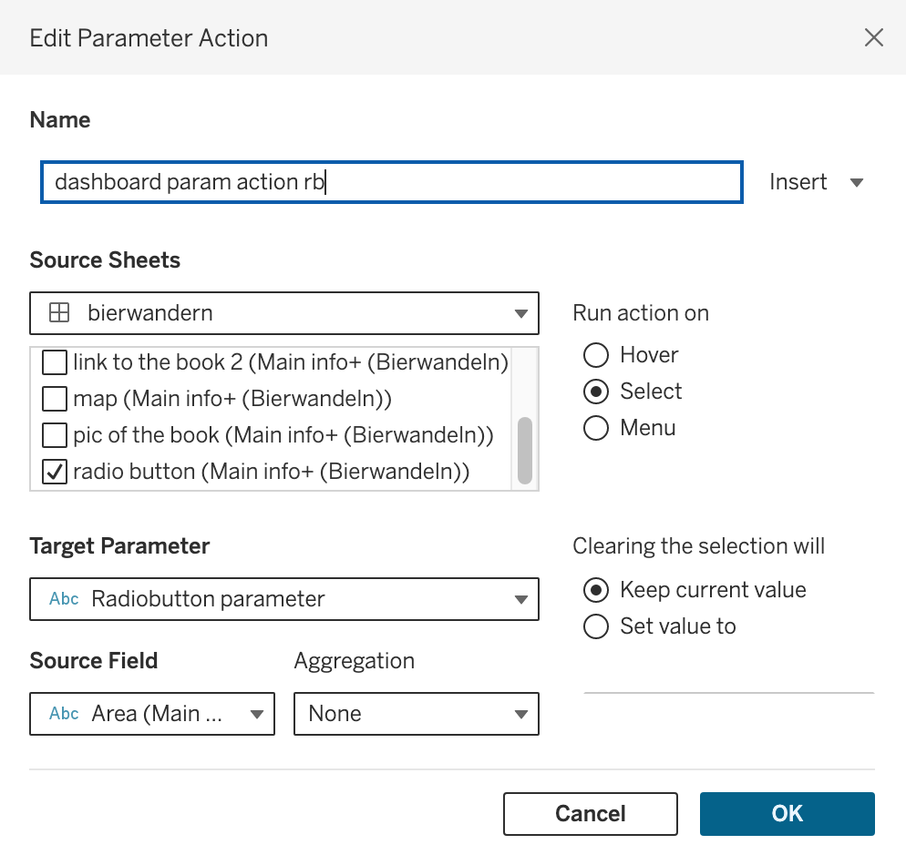 Parameter action configuration